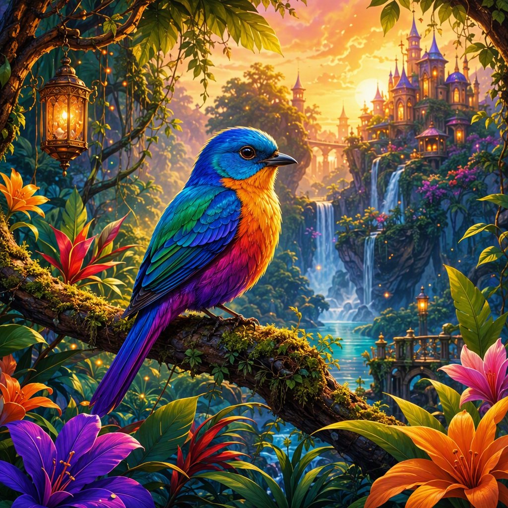 Create a vibrant digital artwork with clean lines depicting a small, colorful bird in the jungle. Combine rich, warm tones—such as soft orange, bold red, and dynamic yellow—with cool colors like brilliant blue, emerald green, and radiant violet. The atmosphere should feel fairytale-like, enhanced by striking lighting that underscores the scene's magic. Use bright, bold colors harmoniously to create a balanced composition. The overall style should be imaginative and captivating, transporting the viewer to another world. — GPT Image 2