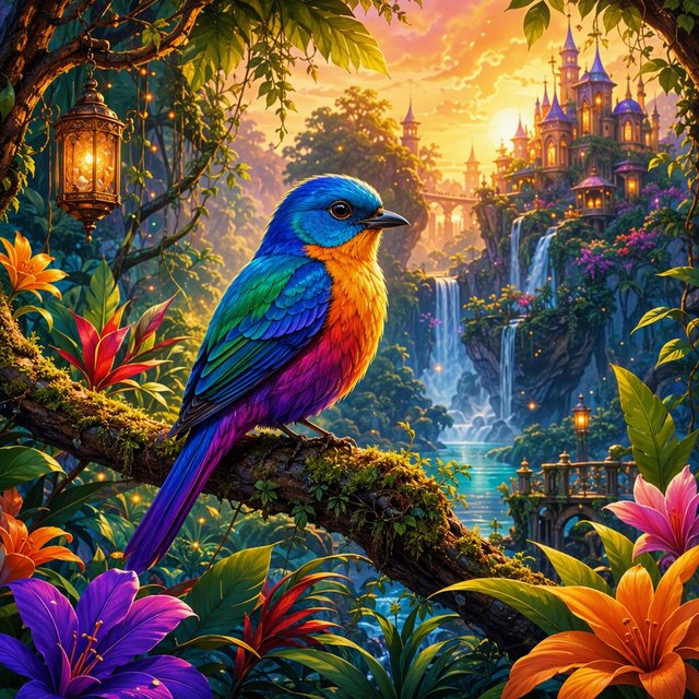 Create a vibrant digital artwork with clean lines depicting a small, colorful bird in the jungle. Combine rich, warm tones—such as soft orange, bold red, and dynamic yellow—with cool colors like brilliant blue, emerald green, and radiant violet. The atmosphere should feel fairytale-like, enhanced by striking lighting that underscores the scene's magic. Use bright, bold colors harmoniously to create a balanced composition. The overall style should be imaginative and captivating, transporting the viewer to another world. — GPT Image 2