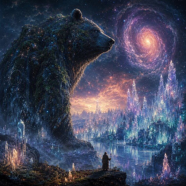 A colossal ancient bear, its fur woven with moss and starlight, stands at the edge of a shimmering, otherworldly forest. The trees are made of crystal and emit a soft, ethereal glow. In the distance, a nebula swirls in the twilight sky. The scene is rendered in a fantasy art style, with surrealist elements and cinematic lighting that emphasizes the majestic scale of nature. — GPT Image 2
