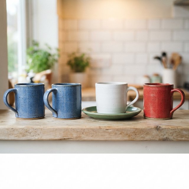 Exactly four ceramic mugs sit on a pale wooden shelf: two blue mugs on the left, one white mug in the center, and one red mug on the right. A green saucer is beneath the center mug, nothing else. — Nano Banana 2 Lite
