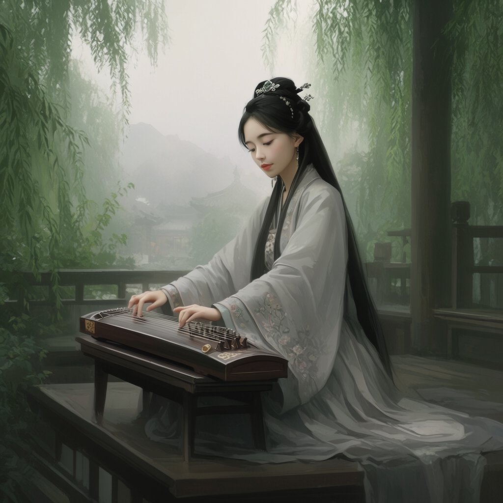 An elegant ancient Chinese lady in hanfu plays the guzheng in a quiet garden pavilion, surrounded by willow trees and mist, creating a poetic atmosphere. — Krea 2 Large