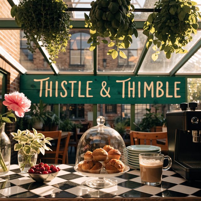 At a neighborhood greenhouse café, sunlight filters through hanging herbs above a tiled counter; "THISTLE & THIMBLE" is painted in hand-lettered cream script across a deep green wooden menu board. — Recraft v4 Pro