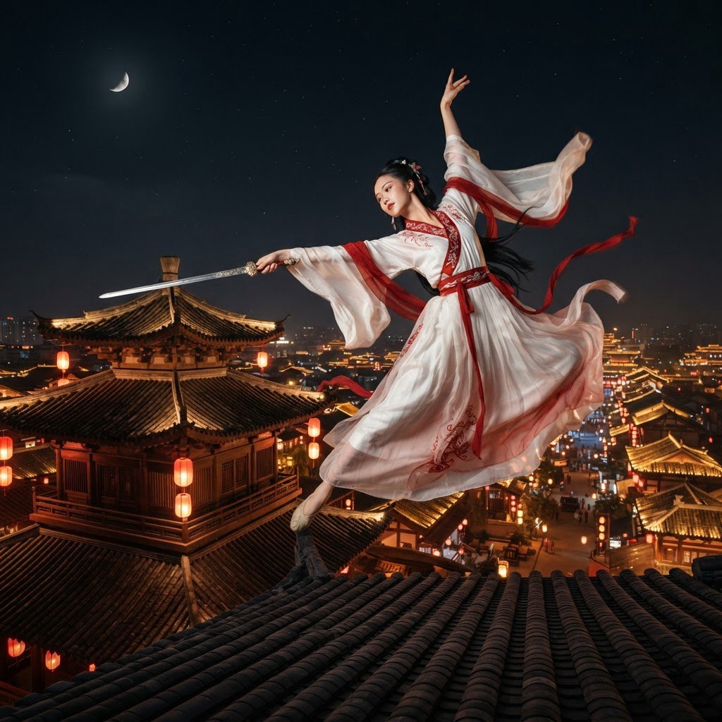 Elegant young adult Chinese female dancer performing a sword dance on a rooftop in ancient China at night, wearing flowing hanfu in primary white with secondary red accents. She leaps high in midair with her body arched backward, sword arm thrust forward, while her other arm rises gracefully above her with the hand forming delicate orchid fingers. Frontal three-quarter view, long black hair and sleeves flowing, expressive elegant pose, lantern-lit ancient city below, glowing rooftops and streets, romantic moonlit atmosphere. — Nano Banana 2 Lite