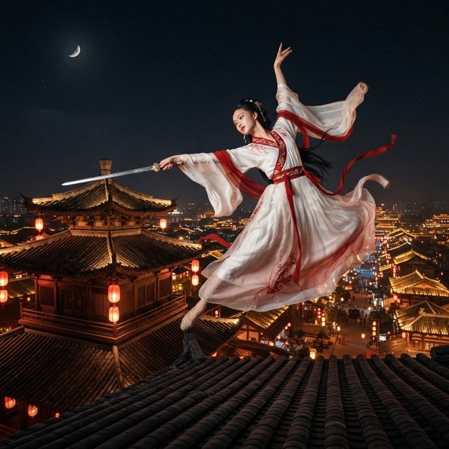 Elegant young adult Chinese female dancer performing a sword dance on a rooftop in ancient China at night, wearing flowing hanfu in primary white with secondary red accents. She leaps high in midair with her body arched backward, sword arm thrust forward, while her other arm rises gracefully above her with the hand forming delicate orchid fingers. Frontal three-quarter view, long black hair and sleeves flowing, expressive elegant pose, lantern-lit ancient city below, glowing rooftops and streets, romantic moonlit atmosphere. — Nano Banana 2 Lite