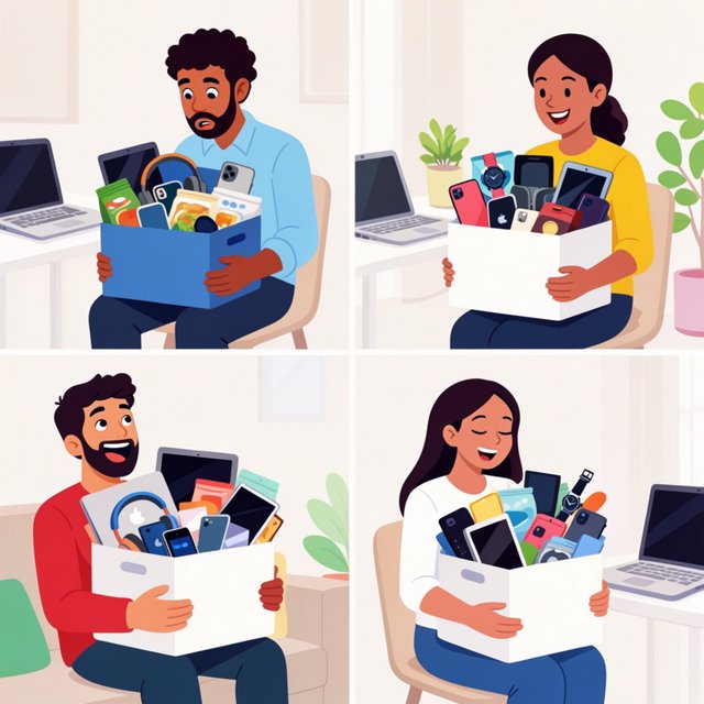 Realistic. Adults in the U.S., Canada, and Asia getting a ton of expensive free stuff (phones, PCs, nice food, and all kinds of other things). 4–6 panels. The adults react in the way one would expect as a result. — Krea 2 Large