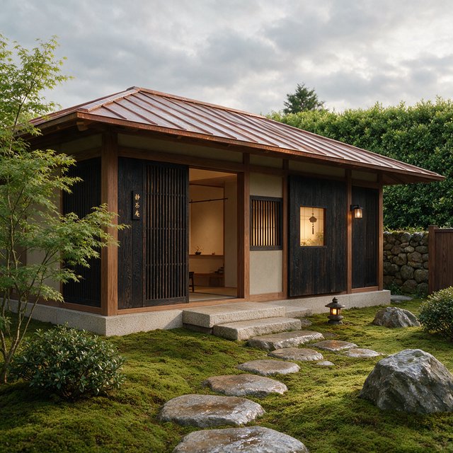 Exterior of a Kyoto-inspired contemporary teahouse in restrained Japanese timber architecture, charred cedar screens, pale granite, and a copper-clad roof; soft rain-bright afternoon light, viewed obliquely from a moss garden path, precise joinery and credible structure. — Seedream 5.0 Pro