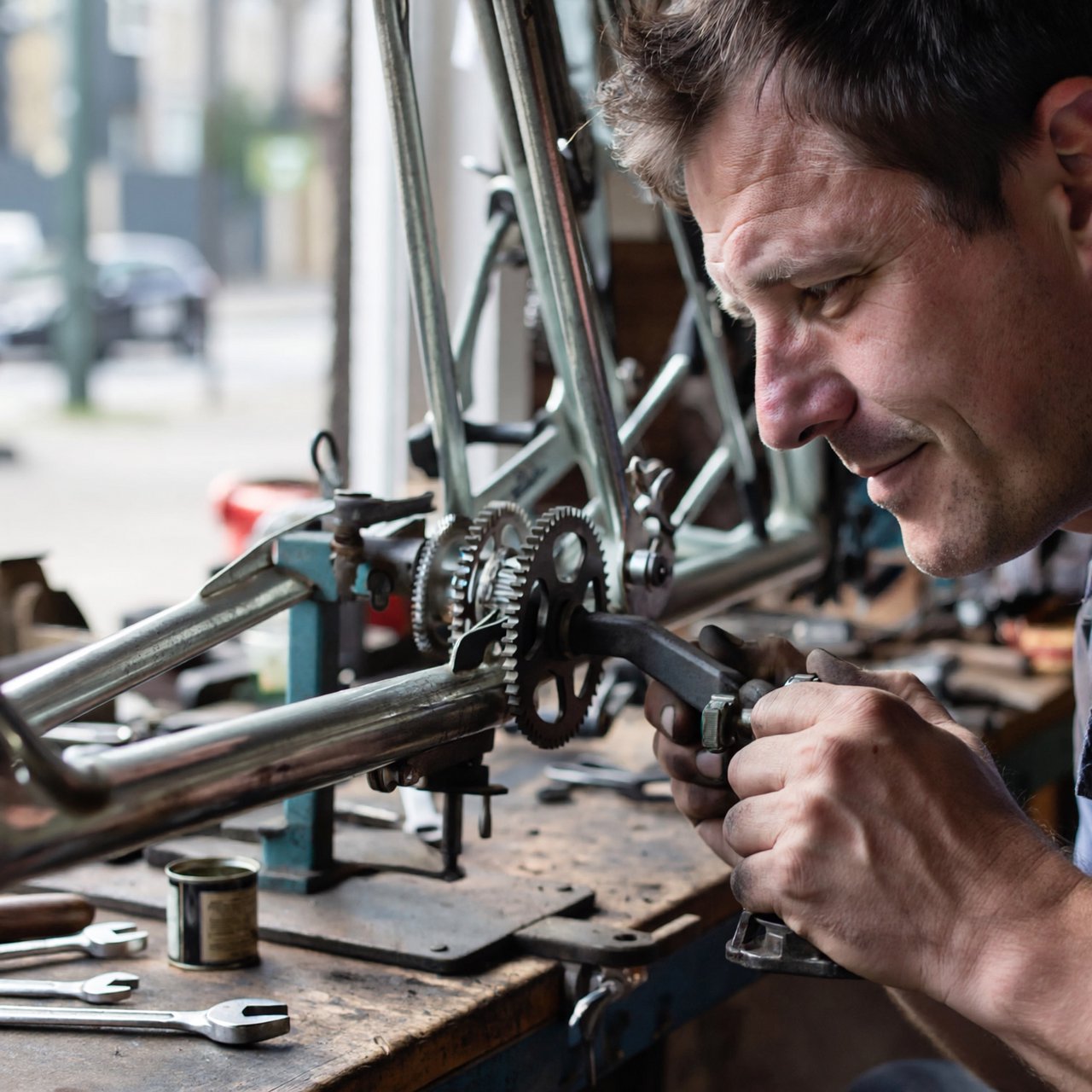 Candid documentary photograph of an adult repairing a bicycle at a quiet curbside workshop, cool morning window light, 50mm lens with shallow depth of field, grease smudges on their fingertips. — ImagineArt 2