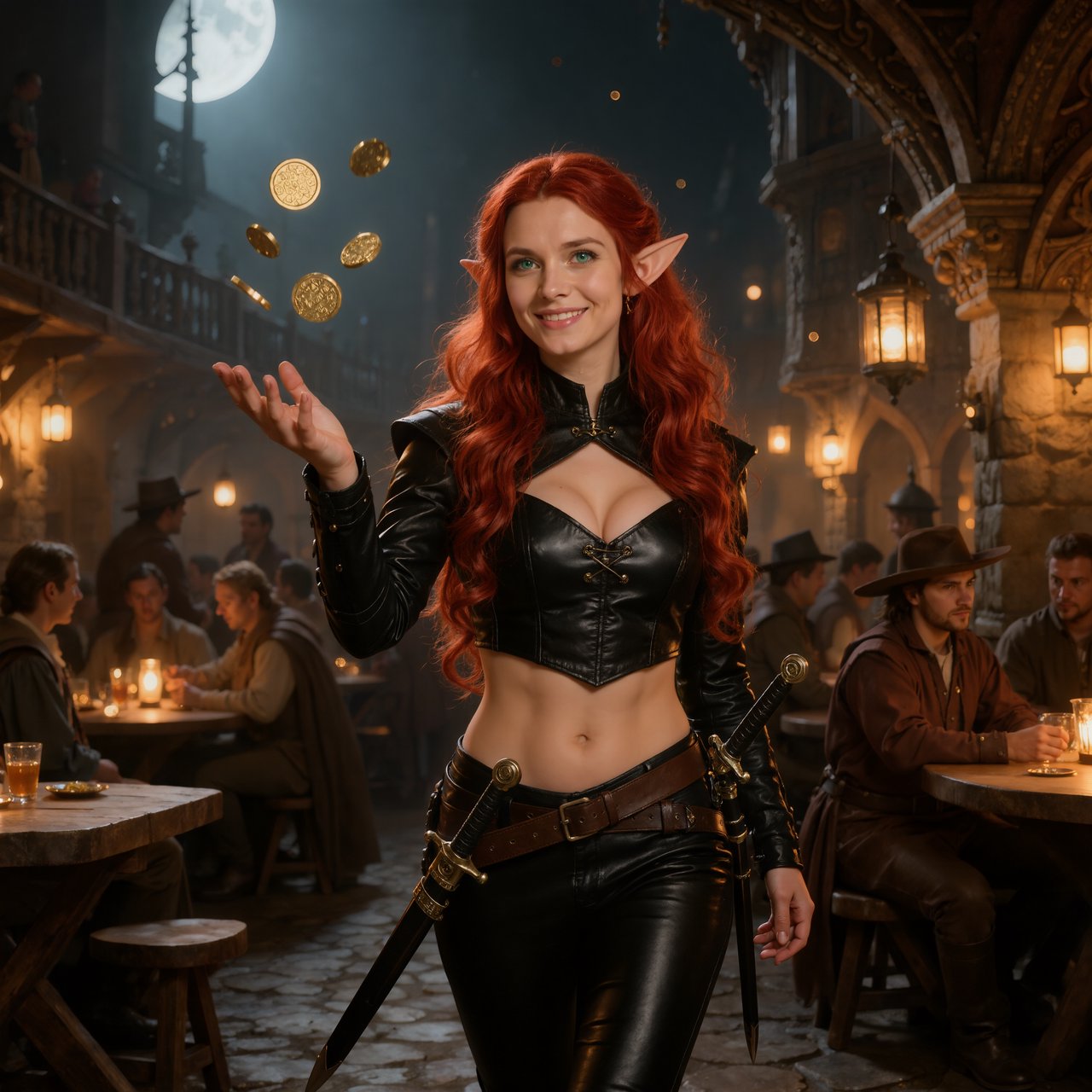 A beautiful, slim adult elf woman wearing black leather pants and a black leather crop top that leaves her belly exposed. She has stunning, intense green eyes and long, flowing, curled red hair. She is smiling; she is a rogue, with a rapier hanging from her belt. She is catwalking through a medieval fantasy tavern at night while flipping a golden coin, in a realistic fantasy style. — Kling v3 Omni