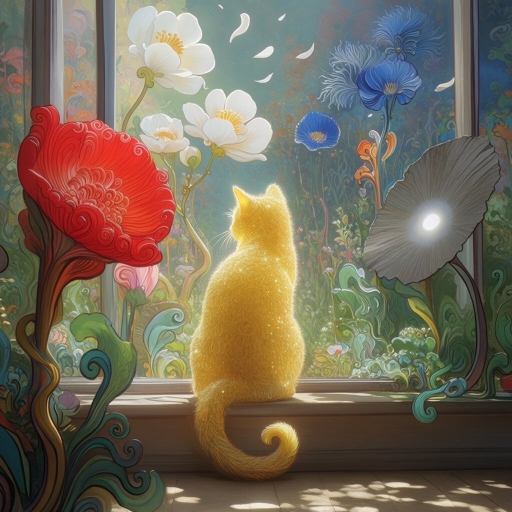 A whimsical cat with fur like spun moonlight sits on a windowsill overlooking a dreamlike garden. The garden is filled with oversized, fantastical flowers rendered in a soft, painterly style, with elements of Art Nouveau curves in the plant designs. The overall mood is serene and enchanting. — Krea 2 Large