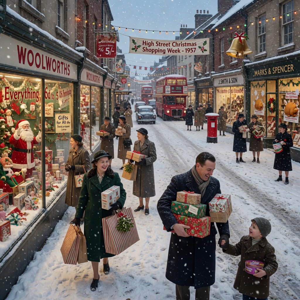 A UK High Street in the 1950s at Christmas time. The roads are covered in snow. The shop windows are decked out for Christmas and the happy adult shoppers are loaded up with gifts for loved ones. The mood is bright and Christmassy. — Grok Imagine Image Quality