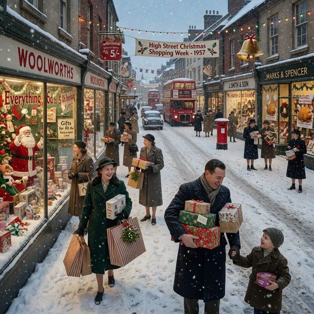 A UK High Street in the 1950s at Christmas time. The roads are covered in snow. The shop windows are decked out for Christmas and the happy adult shoppers are loaded up with gifts for loved ones. The mood is bright and Christmassy. — Model 6