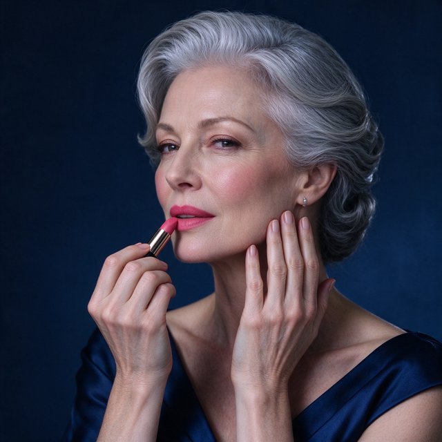 A silver-haired adult woman in a midnight-blue evening gown pauses with lipstick freshly applied, her composed gaze turned slightly aside; diffused rose studio light defines her face and shoulders, with restrained makeup and the polished finish of a fashion magazine. — Model 19
