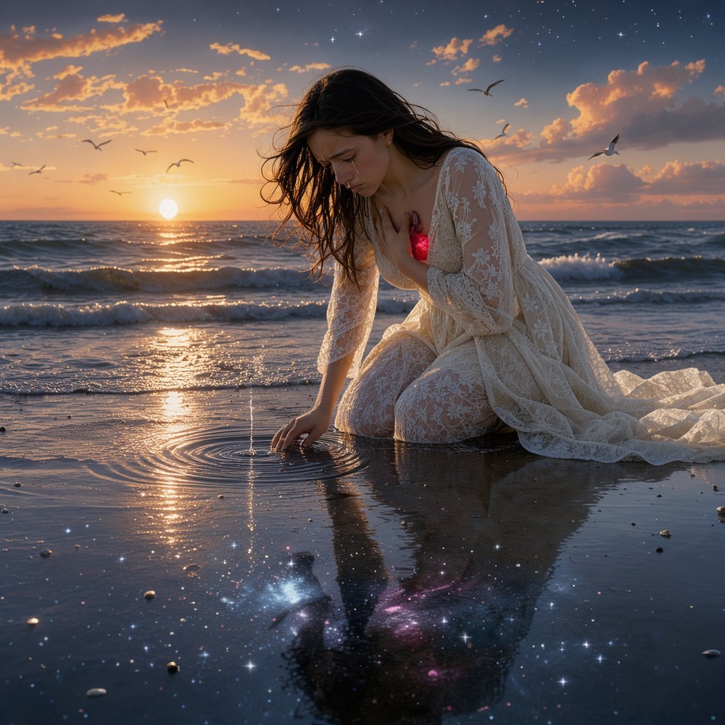 Cinematic, photorealistic artwork of a sorrowful young woman in a flowing ivory lace dress kneels in shallow surf at the waterline during sunset. Her long, windblown dark hair frames her downcast face; a tear flows down her cheek and into the water, one hand presses against her chest, glowing faintly crimson to suggest her still-beating heart, while her other fingertips touch the water. The world behind her remains beautiful: a golden sun shines over restless waves, seabirds cross the sky, and fiery peach clouds fade into star-filled indigo. In the wet sand, her reflection becomes a dark cosmic void. Stars ripple around a fading, ghostlike image of her partner deserting her and dissolving into darkness. The tear forms concentric ripples, disturbing an entire universe. Contrast warm golden life above with cool blue-black devastation below. Natural cinematic lighting, detailed water reflections, realistic anatomy, restrained grief. No text, borders, or collage. — FLUX 3 Image Klein