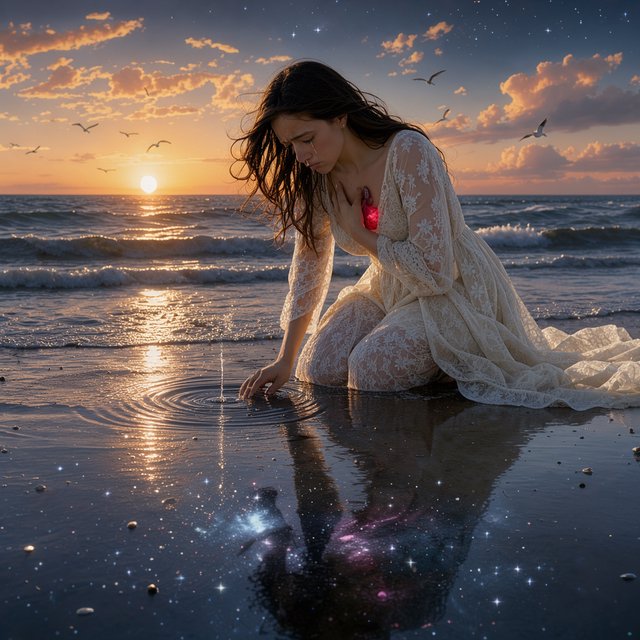 Cinematic, photorealistic artwork of a sorrowful young woman in a flowing ivory lace dress kneels in shallow surf at the waterline during sunset. Her long, windblown dark hair frames her downcast face; a tear flows down her cheek and into the water, one hand presses against her chest, glowing faintly crimson to suggest her still-beating heart, while her other fingertips touch the water. The world behind her remains beautiful: a golden sun shines over restless waves, seabirds cross the sky, and fiery peach clouds fade into star-filled indigo. In the wet sand, her reflection becomes a dark cosmic void. Stars ripple around a fading, ghostlike image of her partner deserting her and dissolving into darkness. The tear forms concentric ripples, disturbing an entire universe. Contrast warm golden life above with cool blue-black devastation below. Natural cinematic lighting, detailed water reflections, realistic anatomy, restrained grief. No text, borders, or collage. — FLUX 3 Image Klein