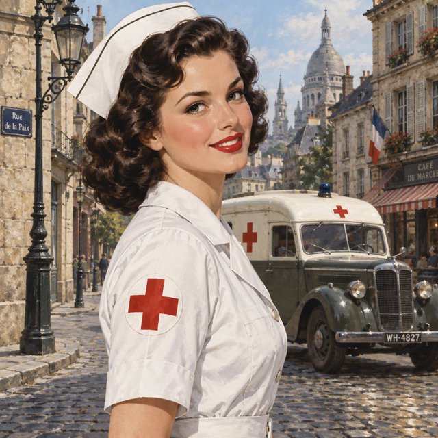 A digital illustration depicts an attractive vintage-style nurse with fair skin and dark, curly hair styled in waves reminiscent of past decades. She wears red lipstick, a white nurse's cap, a uniform, and a cross emblem on her sleeve. A classic European street scene featuring an ambulance and old buildings forms the background. — GPT Image 2.5 Flare