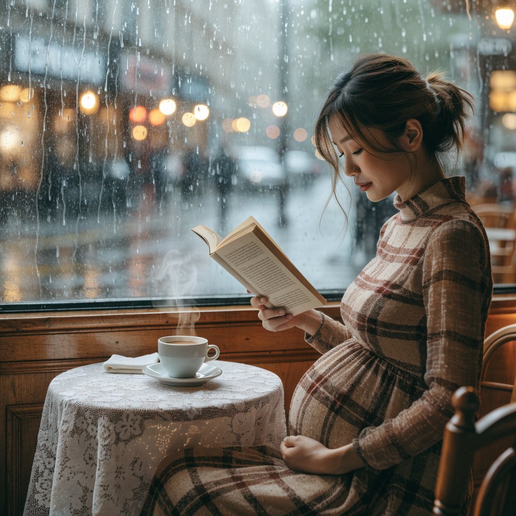Photorealistic cinematic scene of a pregnant Chinese woman sitting in a cozy café by the window, reading a book. She appears calm, gentle, and thoughtful, with one hand resting naturally near her belly. On the table beside her is a cup of coffee, softly steaming. Outside the large window, heavy rain pours down, with streaks of water on the glass and a blurred rainy street beyond. The café interior is warm and inviting, with soft ambient lighting, wooden textures, and a peaceful atmosphere that contrasts with the storm outside. The composition should feel intimate, emotional, and serene, with the woman as the clear focal point. — Recraft v4