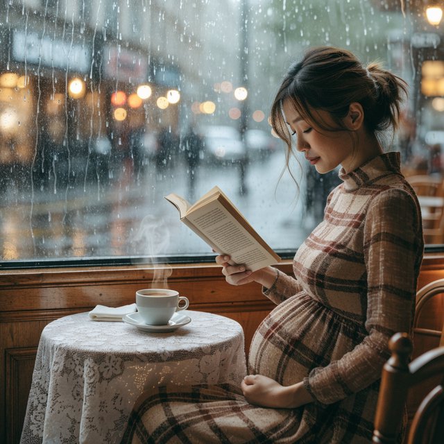 Photorealistic cinematic scene of a pregnant Chinese woman sitting in a cozy café by the window, reading a book. She appears calm, gentle, and thoughtful, with one hand resting naturally near her belly. On the table beside her is a cup of coffee, softly steaming. Outside the large window, heavy rain pours down, with streaks of water on the glass and a blurred rainy street beyond. The café interior is warm and inviting, with soft ambient lighting, wooden textures, and a peaceful atmosphere that contrasts with the storm outside. The composition should feel intimate, emotional, and serene, with the woman as the clear focal point. — Recraft v4
