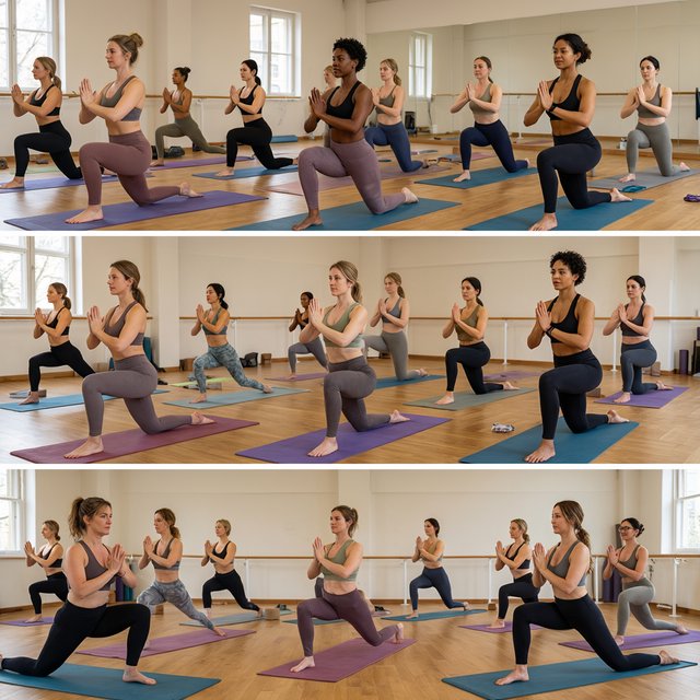 A realistic image of a group of adult women at a yoga class. Women of many races, with slim, curvy, and other body types, all wearing yoga wear, all on colorful yoga mats, all posing, with many angles and POVs. 3–6 angles. — Qwen Image 3.0 Pro