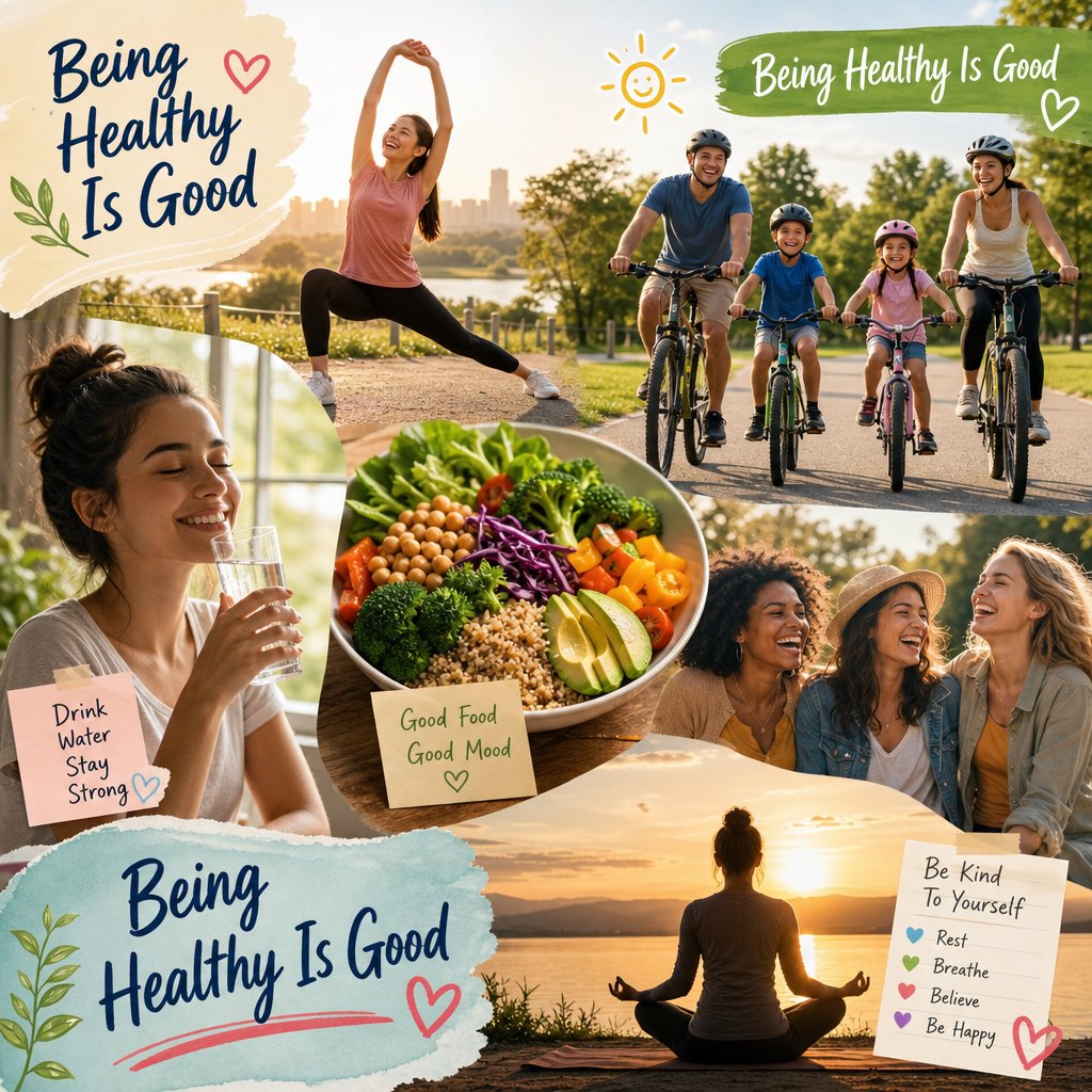 An image relating to good health and happiness. The words “Being Healthy Is Good” appear in the background at least a couple of times. 4–7 moments. — GPT Image 2