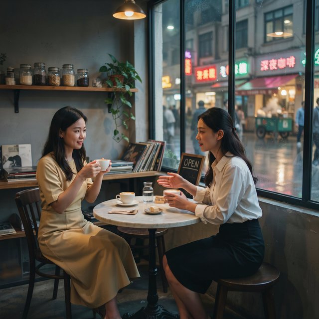 A cozy nighttime café scene featuring two young adult Chinese women seated at a table by a window. One wears a yellow dress, and the other, seated opposite her, wears a white blouse and black skirt. They are chatting warmly with each other, with two cups of coffee on the table. Outside the window, a lively shopping street glows with evening lights, creating a relaxed, intimate, and cinematic atmosphere. — Ideogram v4