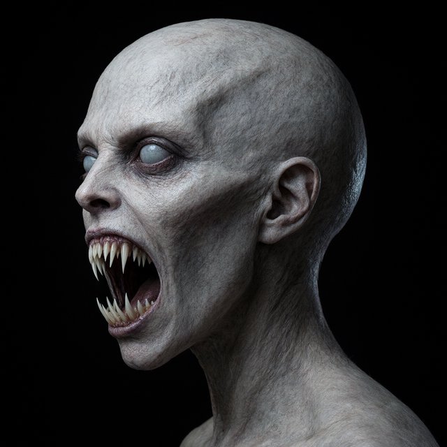 A creepy woman in side profile. Focus on the head with a slightly alien figure. Pale skin. No irises in the eyes. Mouth is open wide with very sharp, long razor teeth. Black background. Chiaroscuro effect. — Qwen Image 3.0 Pro
