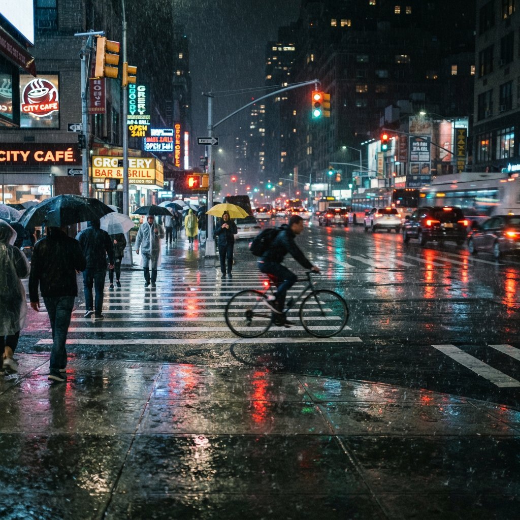 A rain-soaked city crosswalk at night seen from across the street, umbrellas, reflections of traffic lights on wet asphalt, slight motion blur on a passing cyclist. — Nano Banana 2 Lite