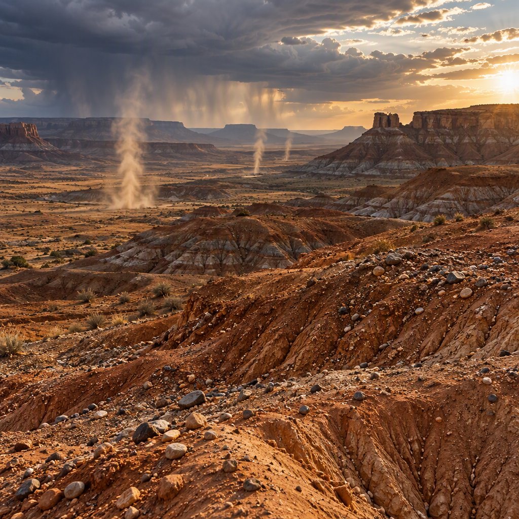 Wind-driven dust devils spiral across ochre badlands beneath a storm-clearing late-afternoon sky; pebble-studded clay ridges and tiny erosion grooves sharpen nearby, while layered mesas recede through veils of rain. — GPT Image 2.5 Sunburst