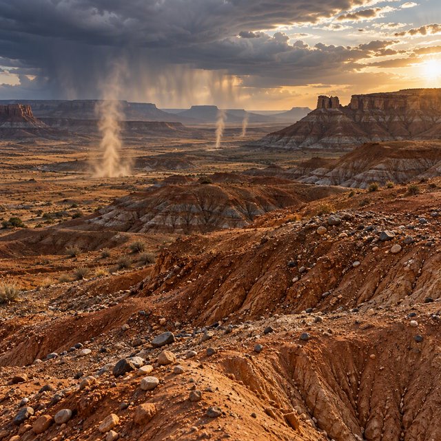 Wind-driven dust devils spiral across ochre badlands beneath a storm-clearing late-afternoon sky; pebble-studded clay ridges and tiny erosion grooves sharpen nearby, while layered mesas recede through veils of rain. — GPT Image 2.5 Sunburst