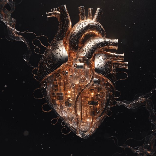 A beautifully intricate mechanical heart floating alone in deep darkness, designed like an exquisite piece of horological sculpture. Its polished brass, copper, and dark steel chambers are partially open, revealing layers of tiny interlocking gears, delicate springs, pistons, and precision mechanisms within. Sections of crystal-clear glass expose deeper workings, while slender tubes carry a faintly glowing fluid through the heart like an artificial bloodstream. Tiny gears turn and pistons move, suggesting that the heart is genuinely functioning. Fine mechanical filaments curl outward like veins and arteries, catching subtle highlights from the warm inner glow. Elegant steampunk aesthetic, dramatic cinematic lighting, rich metallic textures, intricate reflections, mysterious atmosphere. — Recraft v4