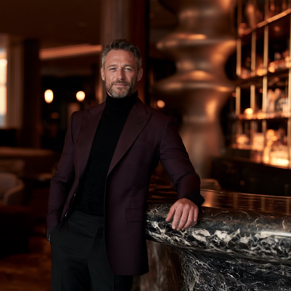 Editorial glamour photograph of an adult man in a midnight-plum dinner jacket and black trousers, standing naturally beside a sculptural marble bar in a quiet hotel lounge, flattering amber light, easy smile, polished editorial elegance. — Midjourney V8.2