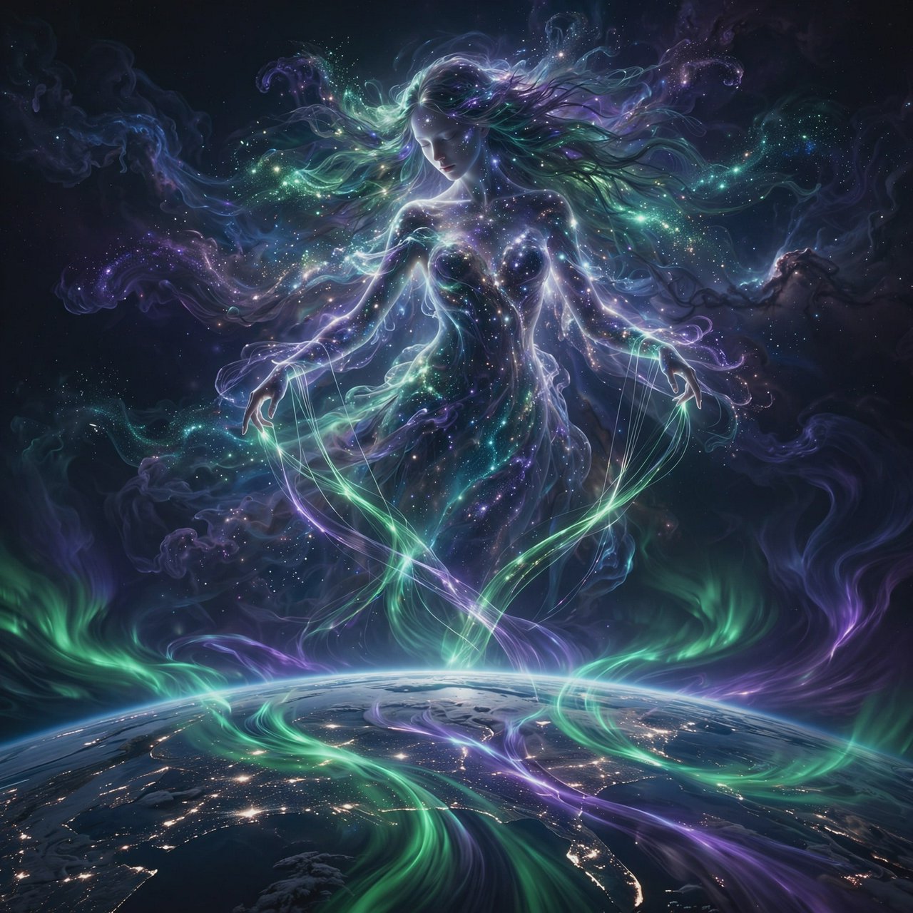 A cinematic wide-angle shot of an ethereal, gigantic adult female entity composed of stardust and nebulae. She hovers in the deep black of space, directly above the curvature of the Earth. Her fingers move like a harpist's, weaving luminous, emerald-green and violet aurora threads directly into the Earth's atmosphere. The polar lights appear like liquid silk, wrapping themselves around the planet. Realistic play of light, mystical atmosphere, bioluminescent colors, deep indigo and neon green. — Muse Image 1.0