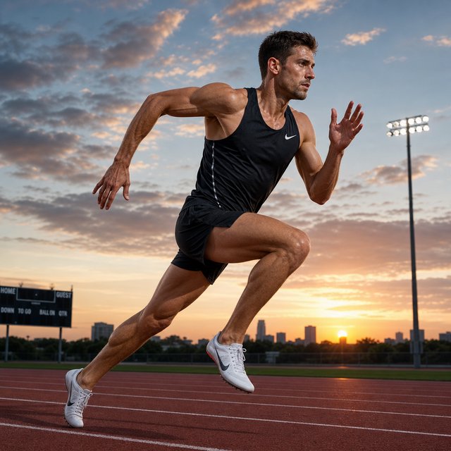 Adult male athlete in running shorts and a tank top mid-sprint on an outdoor track at dawn, muscles defined, motion captured sharply. — GPT Image 2