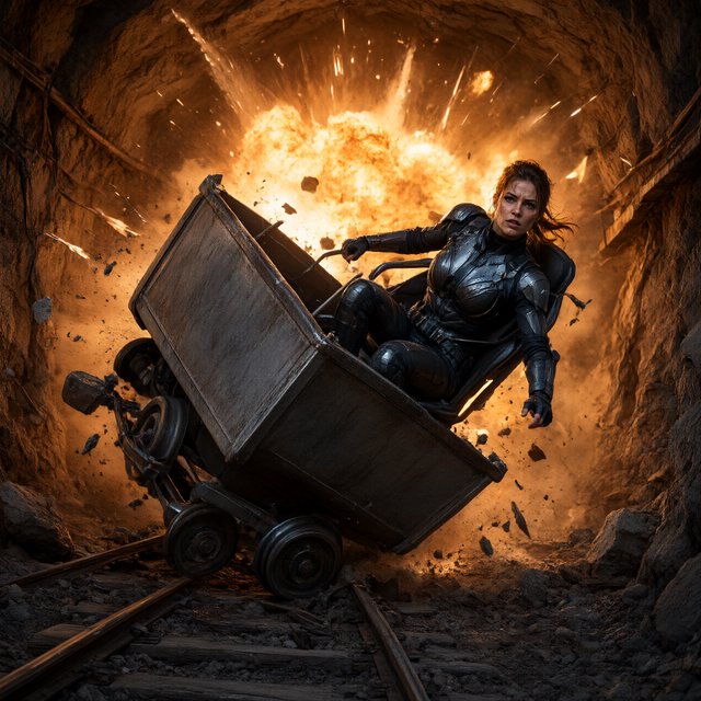 Collapsing mine, woman in a futuristic outfit, in a runaway mine cart. The cart is moving towards the foreground. Behind her cart, there was a huge explosion in the mine. The impact of the explosion is so great that it has knocked the cart off the tracks and sent the rider flying. Angle the empty cart, which is in the process of shattering, close to the woman. Focus the image on the female rider who has flown off the cart. Ensure her features are photorealistic. Make the scene photorealistic, explosive, and exciting as if it is from an action-packed movie. — Qwen Image 3.0