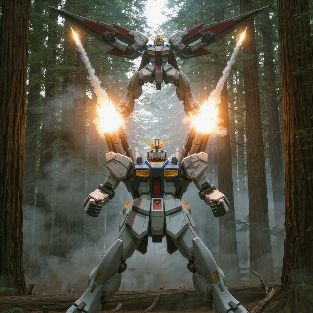 A dramatic cinematic scene of a towering 20-meter futuristic mecha standing in a dense forest, viewed from behind as the main focus. Its design is sleek, angular, and elegant, with a classic retro-futurist Japanese mecha aesthetic. Shoulder missile pods fire a volley of missiles toward an enemy mecha of a different but similarly styled design. The enemy mecha hovers in the air ahead, blocking the incoming missiles with a large arm-mounted energy shield. Dynamic action, smoke trails, forest scale, and intense battle atmosphere. — Kling v3 Omni