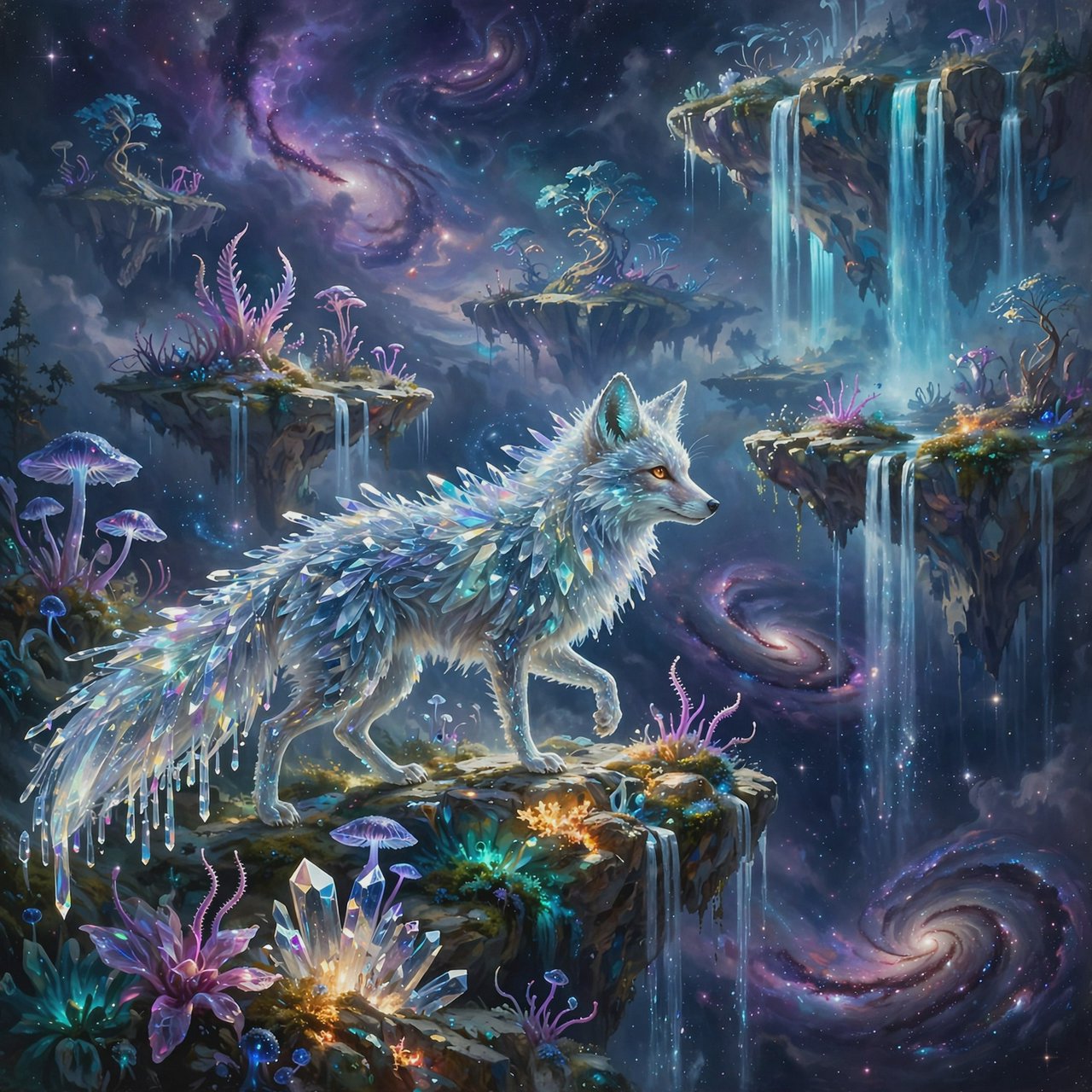 An ethereal fox with crystalline fur navigates a landscape of floating islands. Waterfalls cascade into the starry abyss below, and strange, alien flora sprouts from glowing rocks. This is a magical realism painting, infused with the wonder of distant galaxies. — Muse Image 1.0