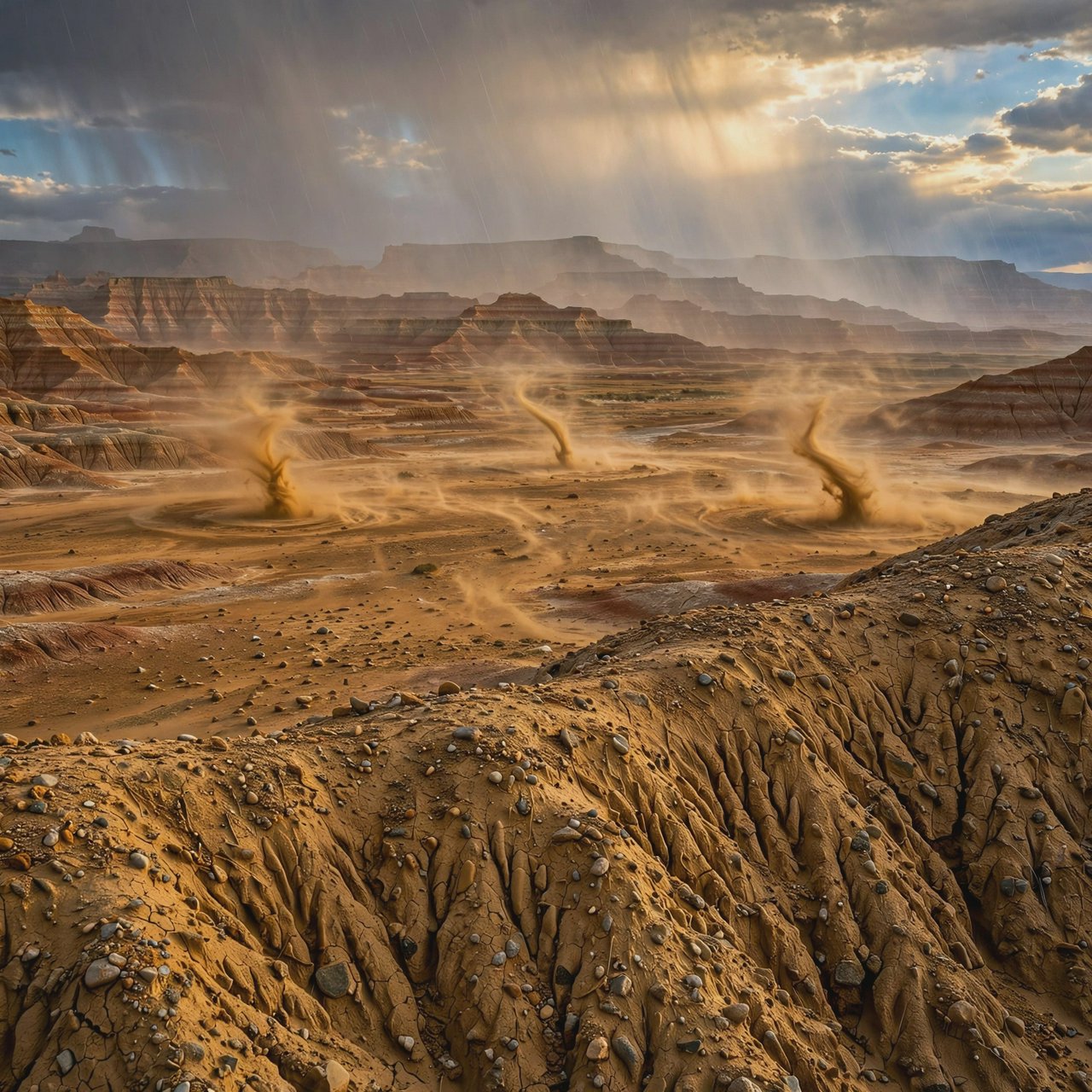Wind-driven dust devils spiral across ochre badlands beneath a storm-clearing late-afternoon sky; pebble-studded clay ridges and tiny erosion grooves sharpen nearby, while layered mesas recede through veils of rain. — Muse Image 1.0