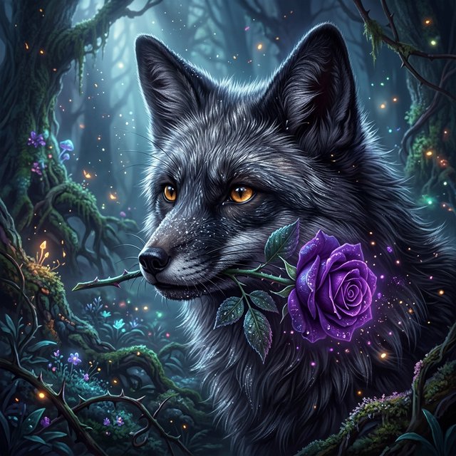 a silver fox holding a purple rose in its mouth, deep color, fantastical, intricate detail, splash screen, complementary colors, fantasy concept art — Model 15