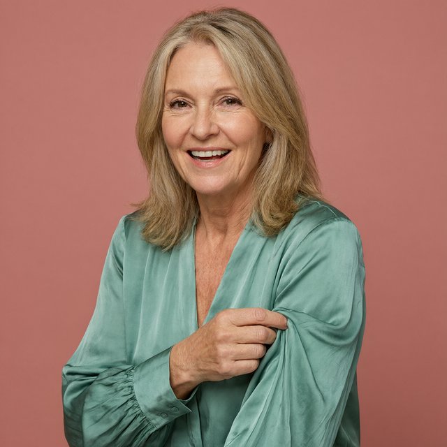 Portrait photograph of an adult woman in her early 60s wearing a softly pleated sea-green silk blouse, hands brushing its gathered sleeve fabric. Her amused, open expression stands against a matte rose backdrop, illuminated by broad, gentle studio light. — Qwen Image 3.0 Pro