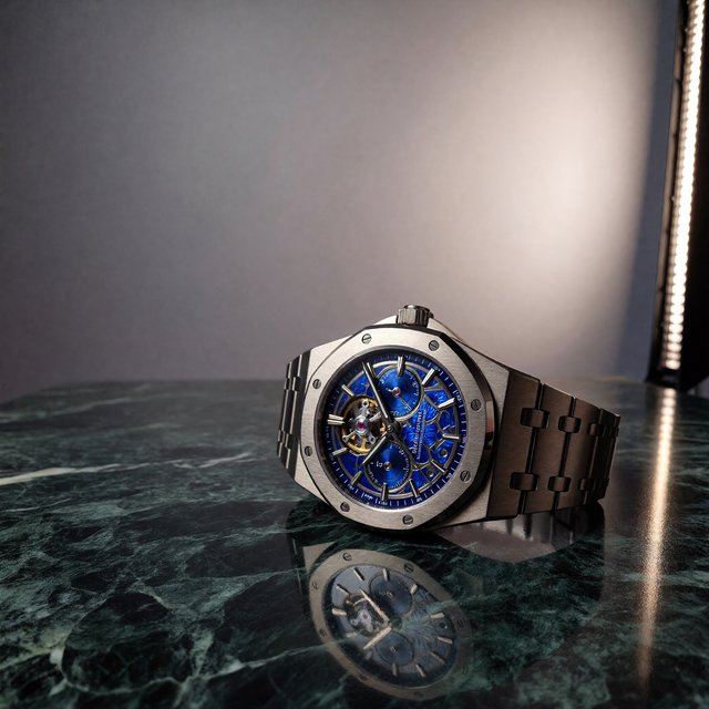 Commercial product photograph of an unbranded mechanical wristwatch with a brushed titanium case and deep blue enamel dial, resting on dark green marble against a soft gray background, illuminated by a large diffused softbox and narrow edge light. — ImagineArt 1.5 Pro
