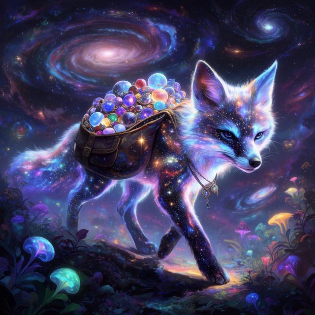 A celestial fox made of stardust and nebulae, carrying a satchel overflowing with glowing cosmic jewels, journeys through an ethereal dreamscape. Swirling galaxies and bioluminescent flora fill the background. The scene is rendered in a surreal, photorealistic style, emphasizing intricate details and a sense of infinite wonder. — Krea 2 Large