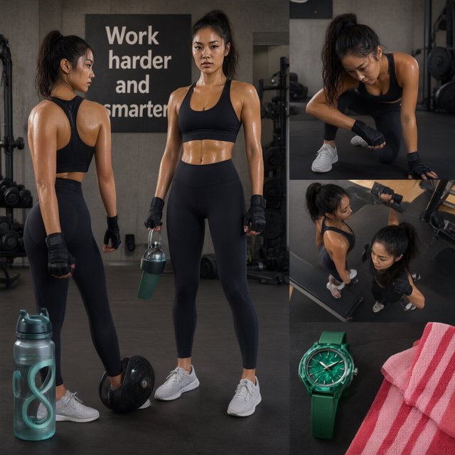 A pretty adult mixed-race woman of Korean and Black heritage, wearing fitted gym wear. Scene: a heavy workout with sweat. POV: full front, back, side, and aerial views. Near her are a unique-looking water bottle, a diamond green watch, a pink and red towel, and text in the background that says “Work harder and smarter”. — Model 16
