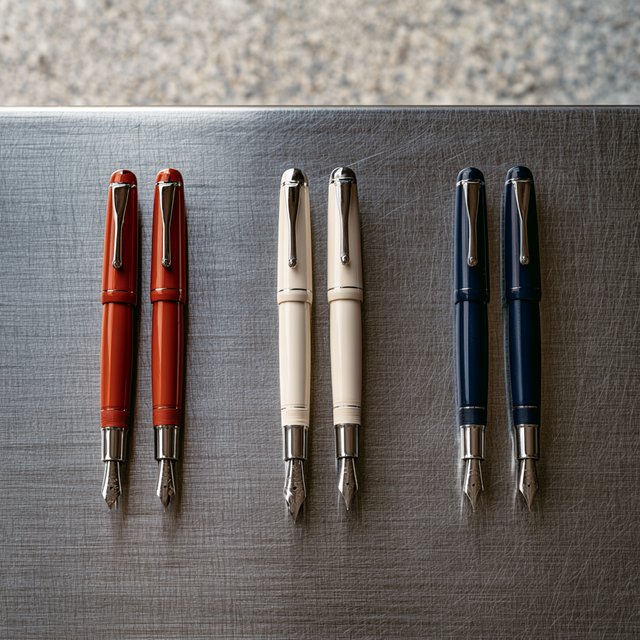 Across a brushed steel counter, exactly six fountain pens rest in three groups: two crimson pens on the left, two ivory pens in the center, and two cobalt pens on the right; nothing else. — Midjourney V8.2