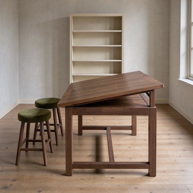 A quiet mapmaking room contains exactly one walnut drafting desk at the center, two moss-green stools side by side along its west edge, and one cream bookcase against the north wall; pale morning light, nothing else. — FLUX 3 Image