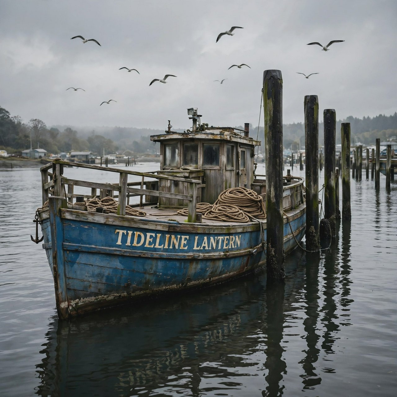 At a quiet harbor, a weathered wooden ferry rests beside slick pilings, ropes coiled on deck as gulls wheel overhead; "TIDELINE LANTERN" is painted in faded ivory letters along the blue hull. — Muse Image 1.0