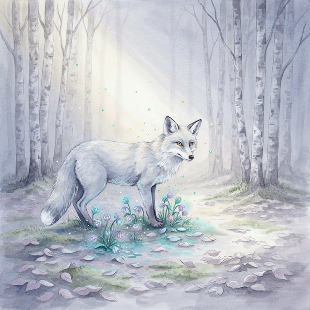 A majestic fox with fur like spun moonlight, standing in a clearing bathed in ethereal light. Bioluminescent flowers bloom around its paws, casting a soft, otherworldly glow. The scene is rendered in a detailed watercolor illustration style, with delicate brushstrokes and a muted, mystical color palette. Cinematic lighting emphasizes the magical ambiance. — Model 7