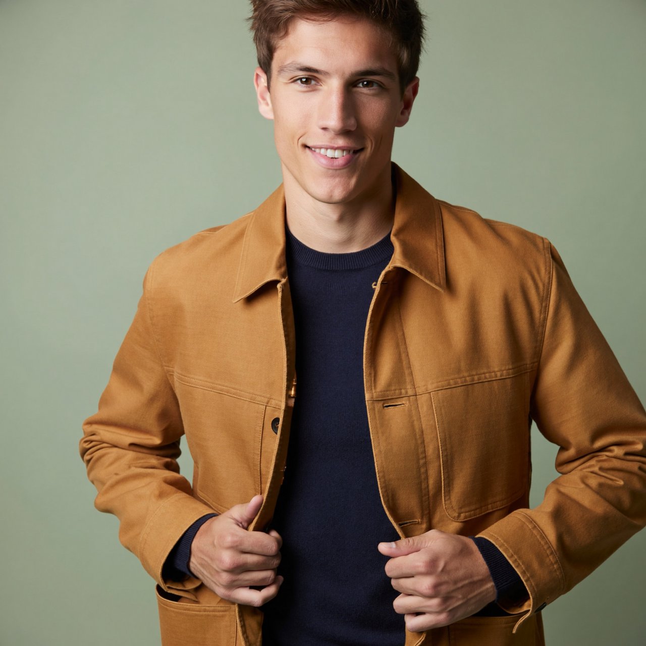 Fashion portrait of an adult nonbinary person in their late twenties wearing a structured saffron-yellow canvas jacket over a fine-gauge navy merino top, hands resting on the jacket hem. Their bright, self-assured expression contrasts with a softly lit sage-green backdrop. — ImagineArt 2