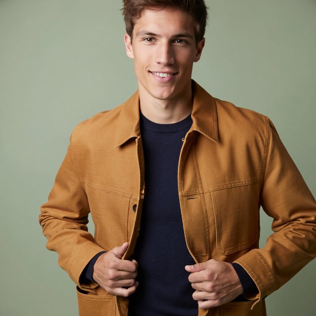Fashion portrait of an adult nonbinary person in their late twenties wearing a structured saffron-yellow canvas jacket over a fine-gauge navy merino top, hands resting on the jacket hem. Their bright, self-assured expression contrasts with a softly lit sage-green backdrop. — ImagineArt 2