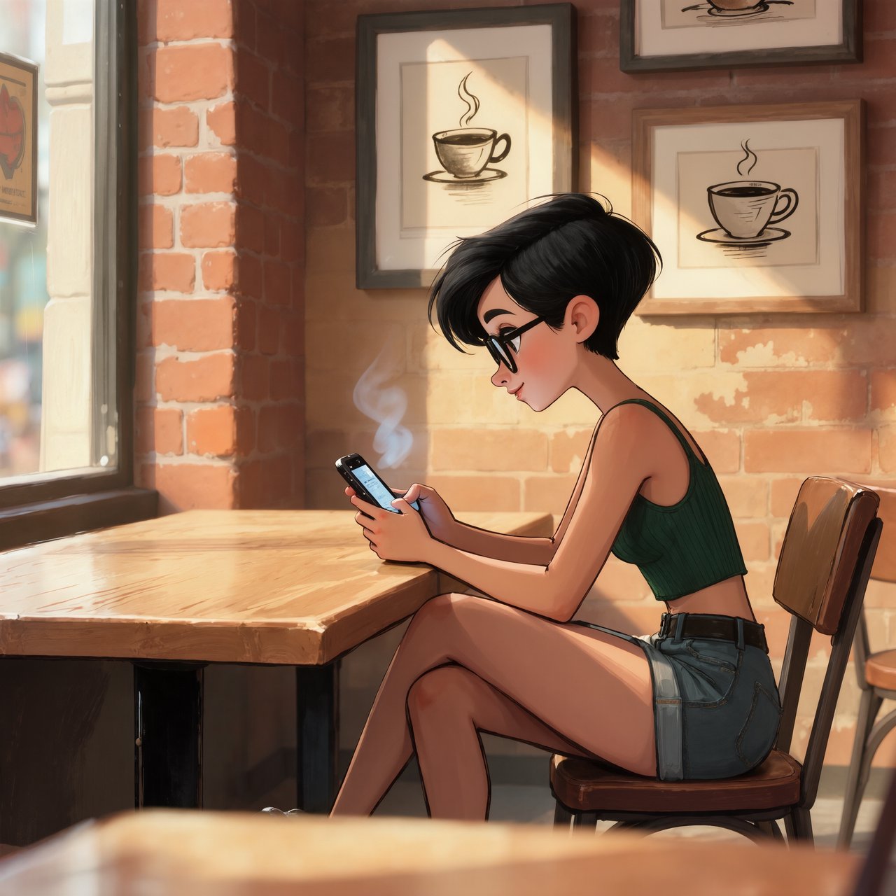 SUBJECT: Side view of a young woman seated at a cafe table, beautiful legs crossed, reading her phone. CHARACTER: 25-year-old woman with an extremely short black pixie cut, all hair under one inch. Stylish glasses, tight dark green ribbed tank top, bare midriff, shorts, comfortable shoes. SETTING: Trendy urban cafe, red brick walls decorated with framed sketches of coffee mugs. STYLE: Stylized semi-realistic digital painting, animation-inspired characters and environments. Expressive faces, large eyes, strong brows, simplified anatomy, convincing 3D volume and depth. Painterly shape-based rendering, minimal outlines, soft blended shading, broad angular brushstrokes. Luminous colors, warm undertones, restrained highlights. Hair and textures rendered in sculpted masses with selective fine detail. Muted charcoal and earthy palette, soft directional light, cohesive shadows, atmospheric depth. Detailed eyes and lips, simplified backgrounds, loose edges, unfinished brushwork. — Kling v3 Omni