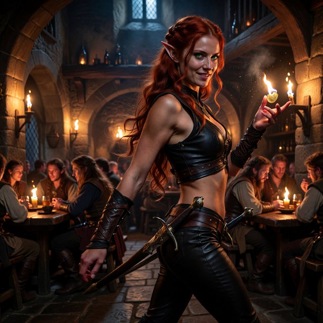 A beautiful, slim adult elf woman wearing black leather pants and a black leather crop top that leaves her belly exposed. She has stunning, intense green eyes and long, flowing, curled red hair. She is smiling; she is a rogue, with a rapier hanging from her belt. She is catwalking through a medieval fantasy tavern at night while flipping a golden coin, in a realistic fantasy style. — ImagineArt 1.5 Pro