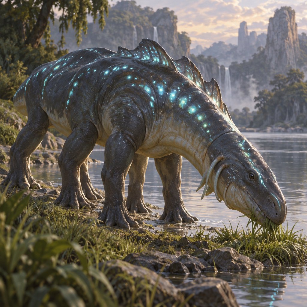 Creature design: a six-legged amphibious grazer with bioluminescent markings, shown on a riverbank, painterly. — GPT Image 2.5 Sunburst